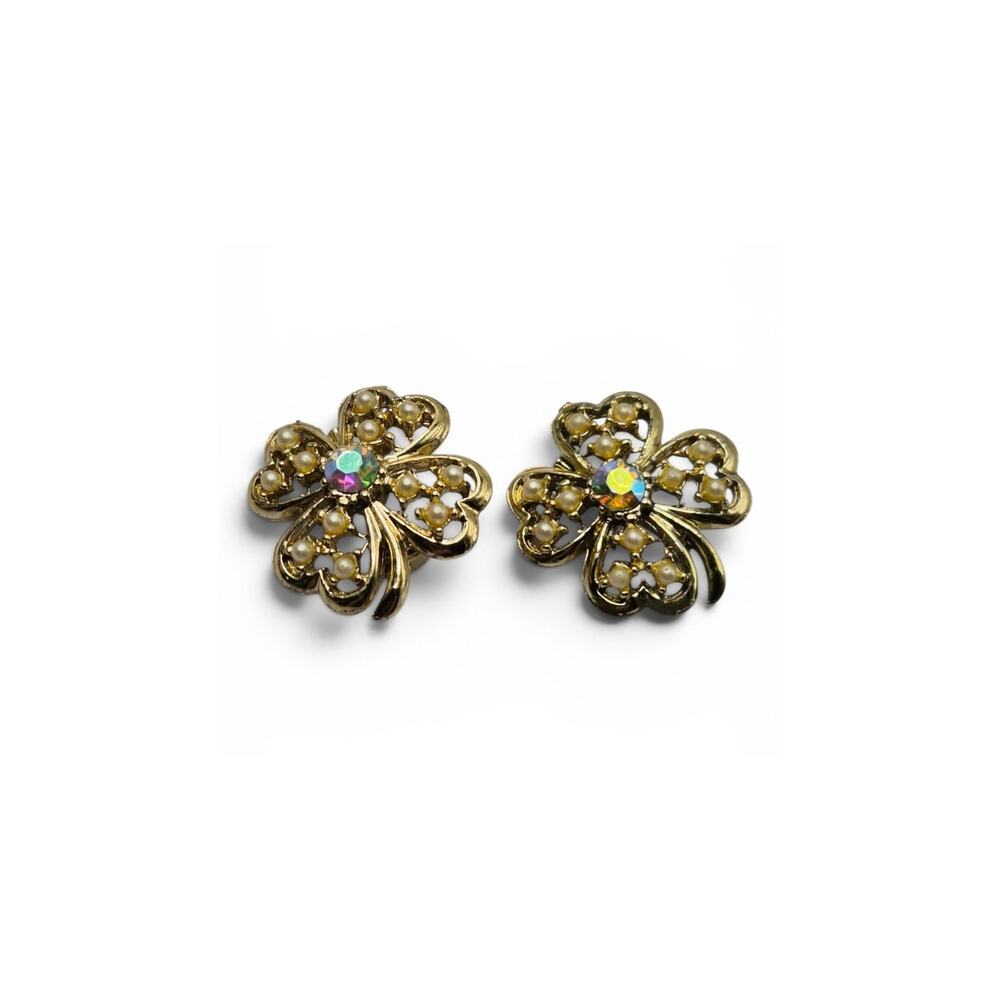 Vintage AB Rhinestone Faux Pearl Four Leaf Clover Brooch Set